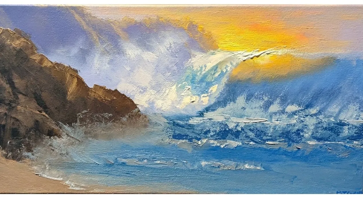 Golden-hour oil painting of waves breaking on a Hawaiian shoreline by MJ Costello